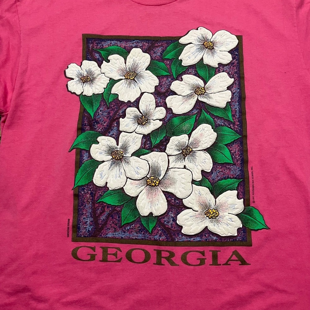 Vintage 1991 Hanes Georgia Dogwood Flower Puff Print T-Shirt Pink Large USA Made